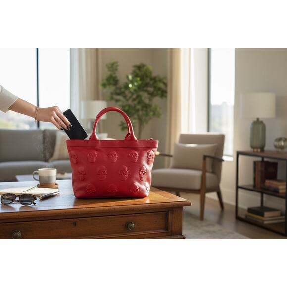 New IOPELLE Italia Skull Embossed RED Leather Tote Bag XL Crossbody Strap. - Picture 2 of 4